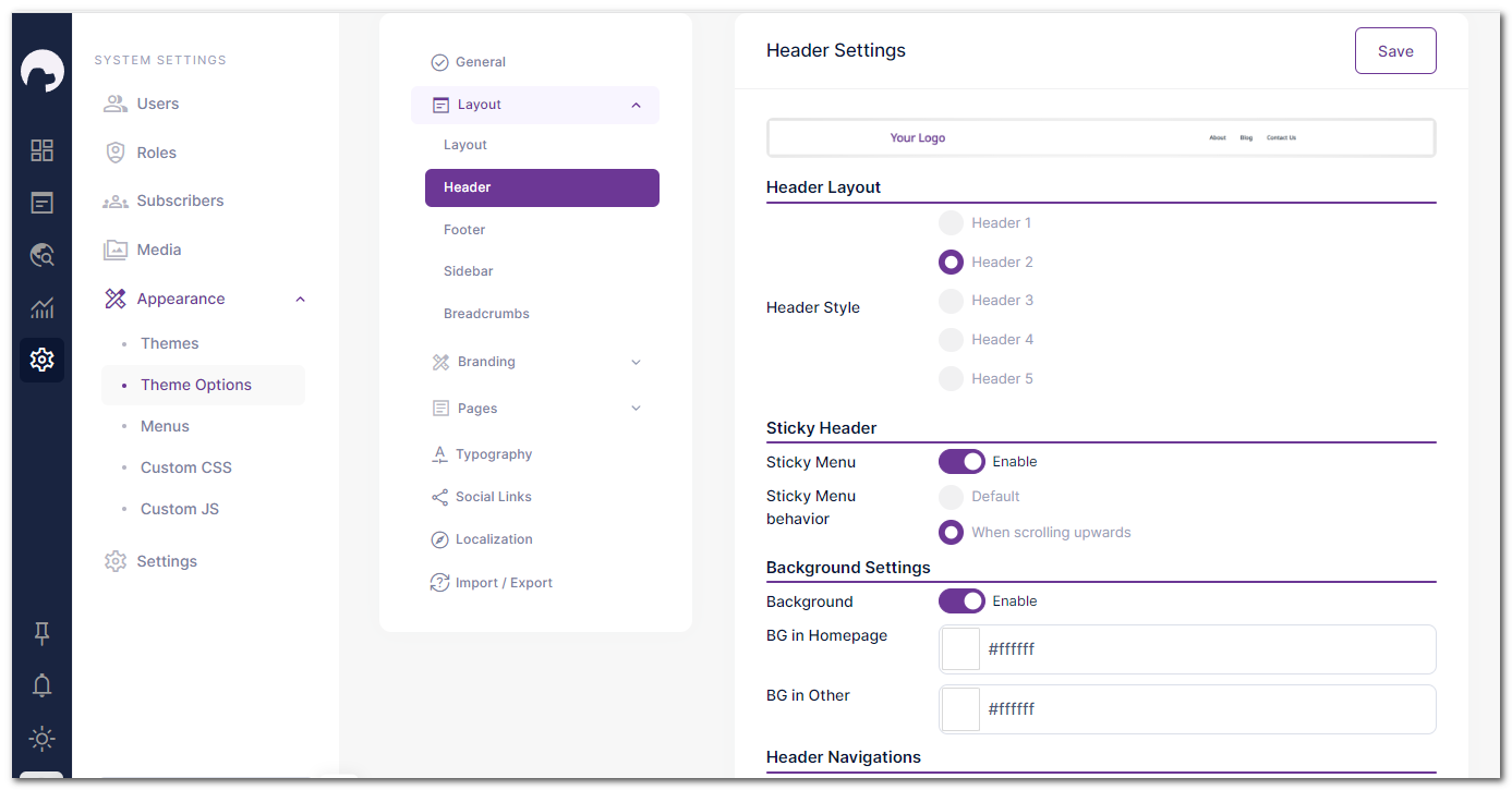 header settings